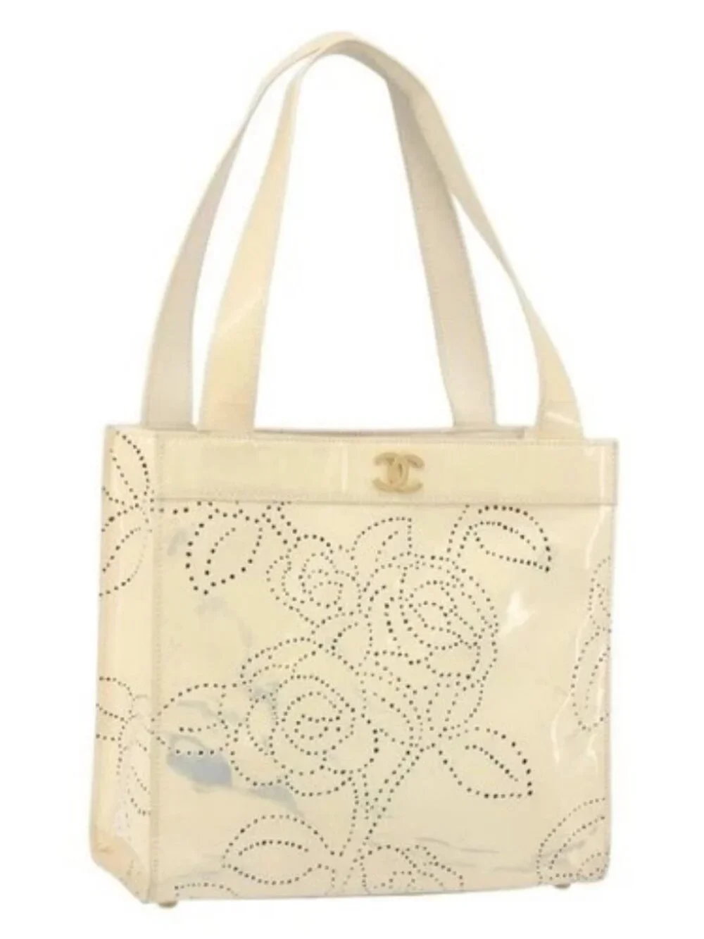 CHANEL Camelia Shoulder Bag Patent leather Ivory Gold CC Auth 161438